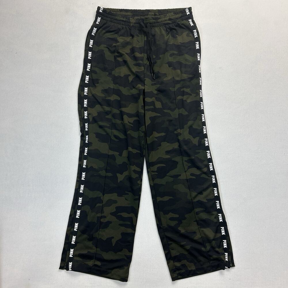 PINK Active Relaxed Sweatpants Women's XL Green Camo Side Leg Zipper Pockets Gym